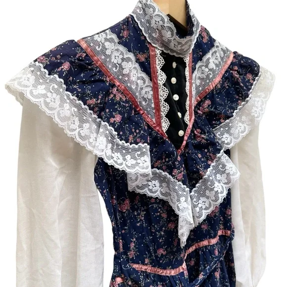 Vintage '70s Jessica McClintock Gunne Sax Navy/Pink Flower Dress - Picture 9 of 16